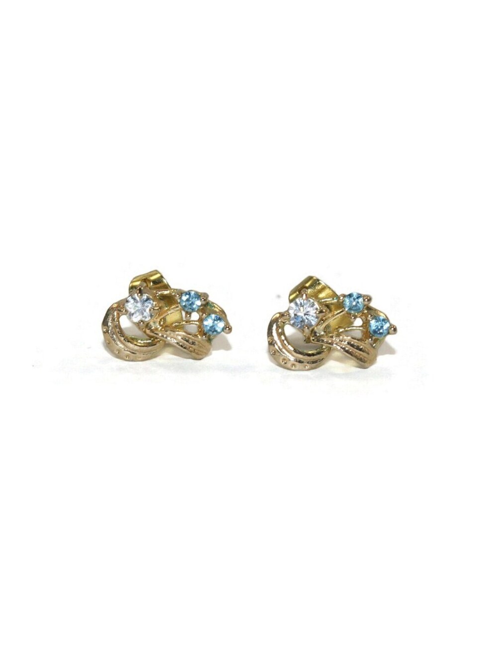 Small Vintage Gold Tone With Clear and Blue Rhinestones Floral Stud Earring.